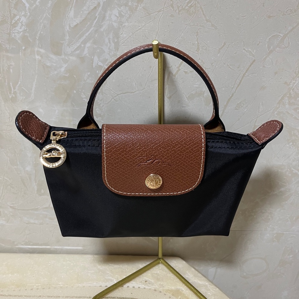 Longchamp Mini Top-Handle Tote in Black with Brown Trim